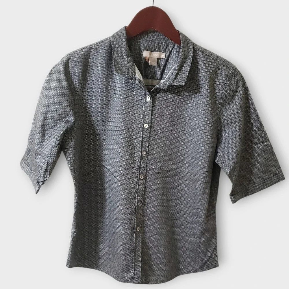 J. Crew Womens Geometric Micro-Print Short Sleeve Button Down Shirt Grey Sz 8